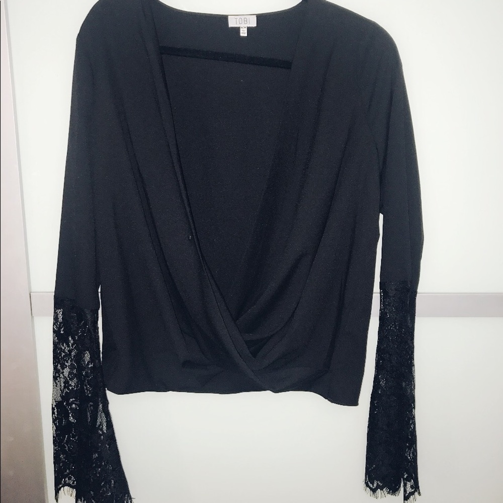 Tobi black top with lace bell sleeves